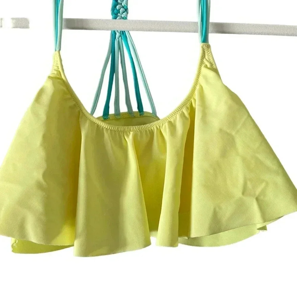 PINK Victoria's Secret Stretch Halter Ruffle Bikini Top Swimsuit Yellow Medium - Picture 3 of 7